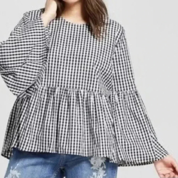 WHO WHAT WEAR, Black & White GINGHAM Print, Peplum Blouse W/BELL SLEEVE Size XS - Picture 5 of 6